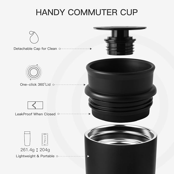 Travel Coffee Mug with 360°Lid, 12 oz Coffee Tumbler Insulated Travel Mugs for Hot and Cold, Vacuum Insulated Stainless Steel Coffee Cup Leak Proof Spill Proof-Matte Black - Image 5