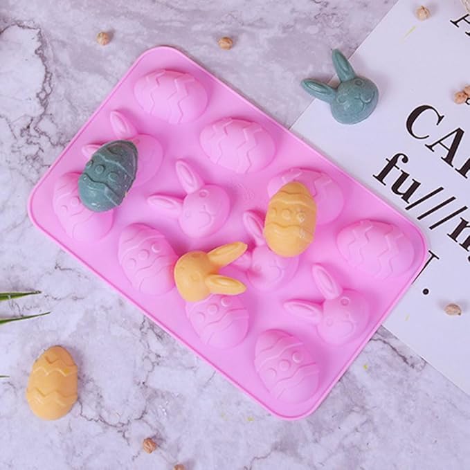 LeLehome 2PCS Eater Egg Bunny Silicone Molds, Non-Stick Festival Holiday Chocolate Cupcake Cake Candy Candle Soap Resin Ice Cube Baking Mold Eggs Rabbits Shaped, Pink