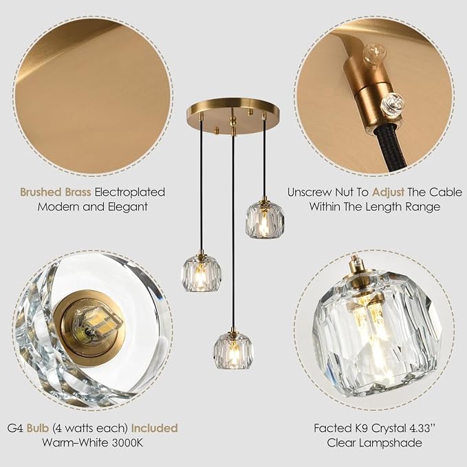 3 Light Pendant Light Fixtures, Crystal Pendant Lights Kitchen Island, Modern Hanging Lights Brushed Brass Cluster Pendant Lighting for Dining Room Bathroom - Image 5