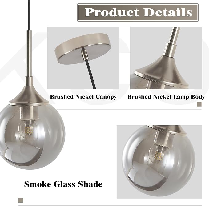 KCO Lighting 7.1” Smoked Glass Pendant Light Single Pendant Light Brushed Nickel Dining Room Light Fixtures Globe Hanging Light Fixture - Image 3