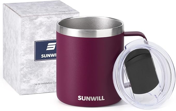 SUNWILL Travel Coffee Mug with Lid, Insulated Tumbler with Handle, 14 oz Stainless Steel Cup for Camping, Office, Home, Powder Coated Plum - Image 5
