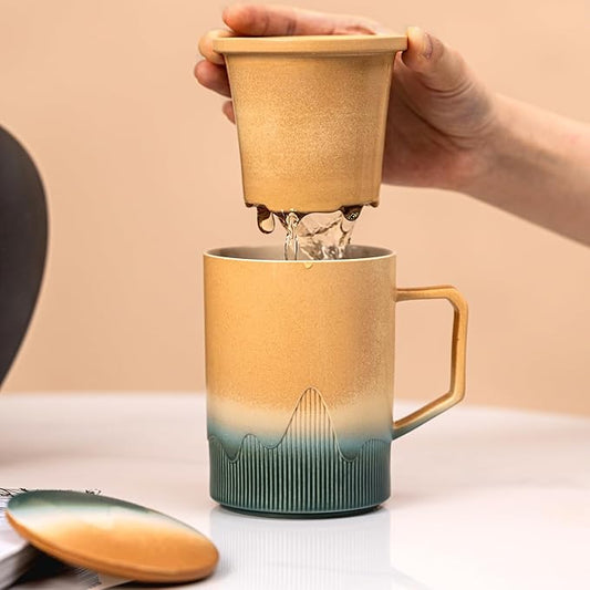 Ceramic Tea Mug with Infuser & Lid, 15oz Kiln-Transformed Unique Cup – Nature's Artisan Design, Loose Leaf Tea Cup with Infuser, Insulated Ceramic Coffee Mugs with Lid, Gift for Women/Men