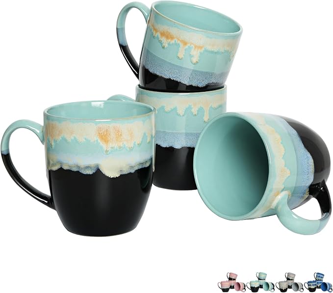 Bosmarlin Ceramic Coffee Mug Set of 4, 17 Oz, Coffee Cups with Big Handle, Microwave Safe, Unique Reactive Glaze(17 Oz, Pastel Blue) by Bosmarlin