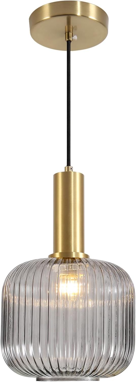 KCO Mid Century Modern Gold 7.9" Smoke Gray Ribbed Glass Pendant Light | E26 Base, Adjustable Hanging, Vintage Brushed Brass Hanging Light Fixture for Sloped Ceiling Kitchen Island Dining Room Bar by KCOLighting