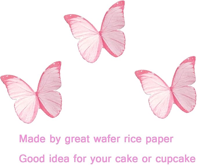 48Pcs Edible Butterflies for Cake Decorations Pink Wafer Paper Butterfly Cupcake Toppers Wafer Glutinous Paper Butterflies for Wedding Baby Shower Kids Birthday Party Cupcakes Decorating (Pink) - Image 3