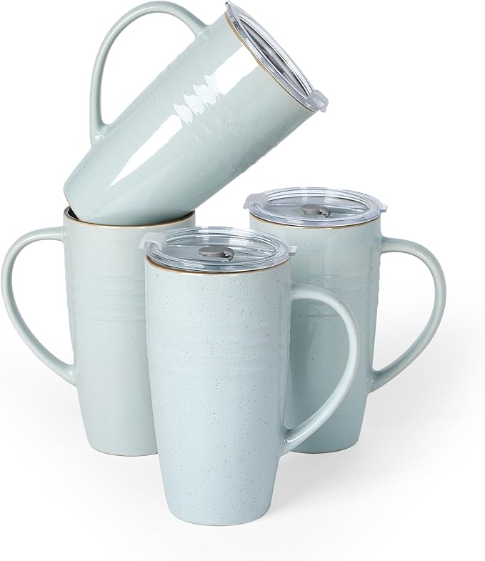 famiware Jupiter Large Coffee Mug, 20oz Coffee Mug with Lid, Ceramic Mugs Set of 4, Cup Set with Handle for Latte, Tea, Cocoa, Milk, Home & Office, Microwave and Dishwasher Safe, Light Blue by Famiware