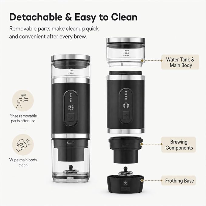 welsteepse Portable Coffee Maker for Ground Coffee & Capsules, Self-Heating Travel Coffee Machine with 20 Bar Pressure and Milk Frother for Car, Office, Hotel, Camping and Business Trips - Image 7