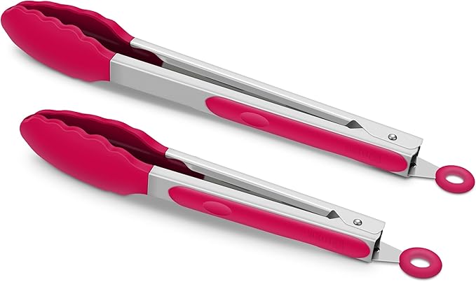 2 Pack Silicone Kitchen Tongs – 9" & 12" Set, Heat Resistant up to 500°F, Non‑Stick Cookware Safe, Wavy Silicone Tips, BPA Free, Locking Clip & Hanging Loop, Wine Red by ALLWIN-HOUSEWARE