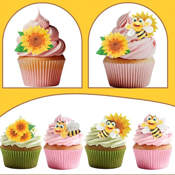 68 PCS Edible Sunflower Cupcake Toppers, Edible Flower and Bee Mixed Cake Decorations for Baby Shower and Birthday Cake Decoration, Food Decoration Supplies - Image 5
