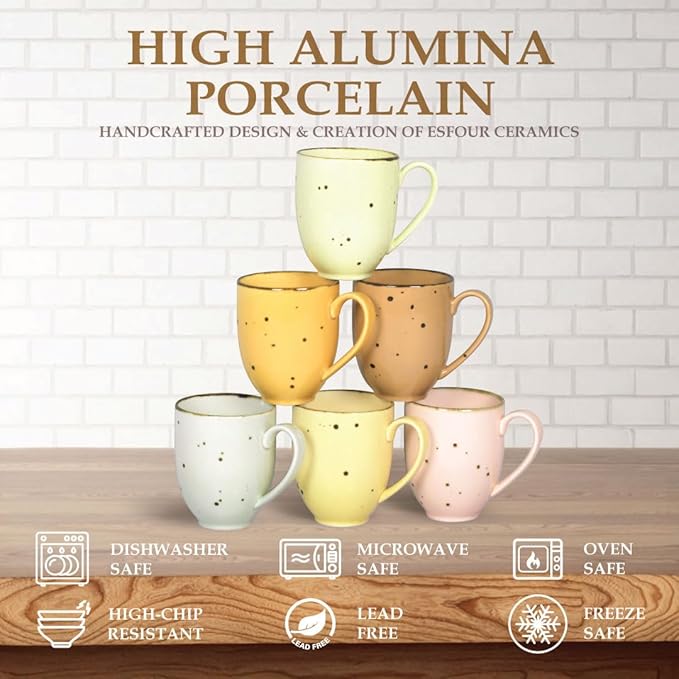 Esfour Ceramics Coffee Mugs Set Of 6, 14 Oz Large Handle Heavy Duty Cups - Microwave Dishwasher Safe - Latte, Cappuccino, Tea, Cocoa, Mocha - Men, Women, Home Office Daily Use, Blossom Assorted Colors - Image 4