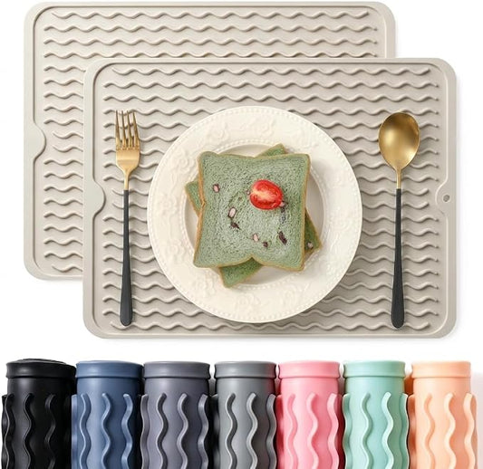 2 Pack Caketime Silicone Dish Drying Mat for Kitchen Counter Dining Placemats Shower Caddy Refrigerator Liners Essentials Heat Resistant Waterproof Trivets Pad Coffee Bar Items 15"x11.5" Milk by CAKETIME