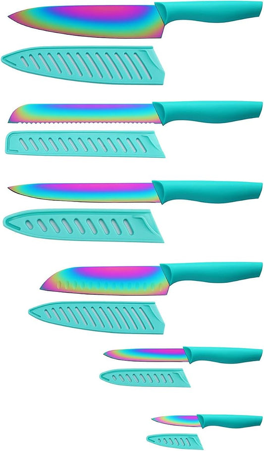 Marco Almond Kitchen Knife Set 12PC Rainbow Steel Knife Set w Cover | 6 Knives with 6 Blade Guards,Rainbow Stainless Steel Knives Set for Kitchen, Anti-Rust,Ergonomic Handle,Full Tang,Gift Box by MarcoAlmond
