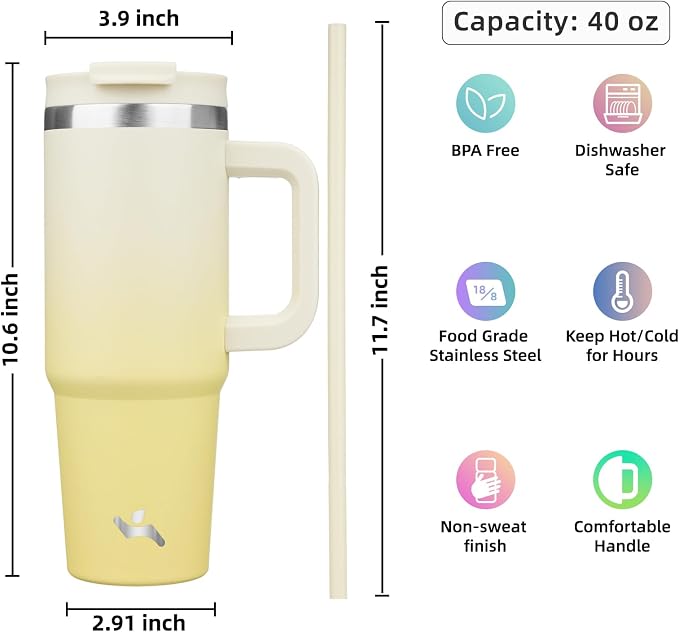 Konokyo 40 oz Insulated Tumbler Water Bottle with Handle, Straw Lid | BPA-free and dishwasher safe; made for gym, travel, coffee and gifting, 2 straws, cup holder friendly,Lemon - Image 4
