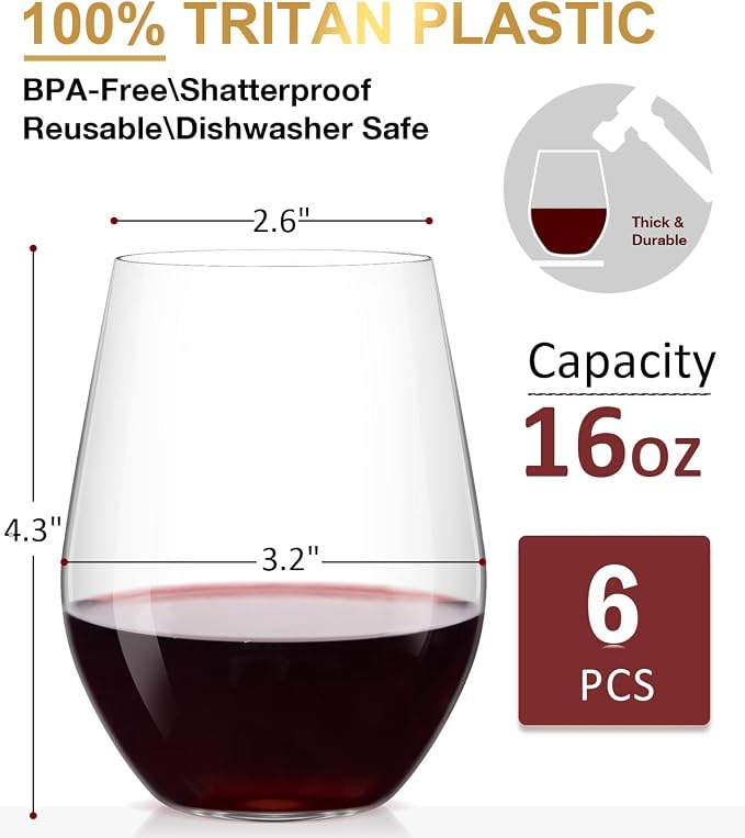 OJA Unbreakable Tritan Plastic Stemless Wine Glasses,16 oz,Set of 6,Outdoor | Shatterproof Wine Glass, Clear, BPA-free, Reusable, Dishwasher-Safe, Drinking Glassware for Poolside, Camping, Party - Image 5