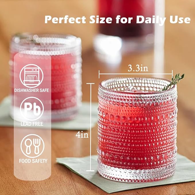 Hobnail Drinking Glasses set of 6 (13 oz), Vintage Glasses Drinking Set Cocktail Glasses, Embossed Glass Cup for Kitchen, Tumbler Glassware Set for Beer, Juice, Cocktail, Whiskey and Milk - Image 3