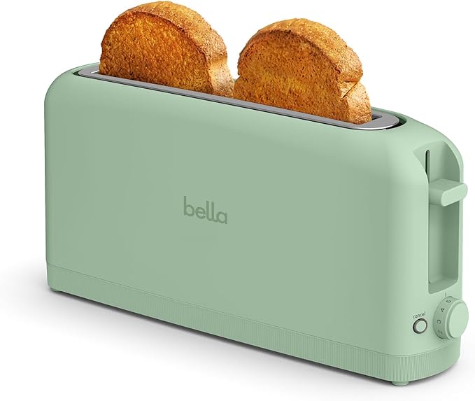 bella 2 Slice Slim Toaster, Fits-anywhere™ Kitchenware, 6 Setting Shade Control with Reheat & Cancel Buttons, Fits Sourdough, 10” Long Slot, Anti Jam & Auto Shutoff, 900 Watt, Seaglass by bella
