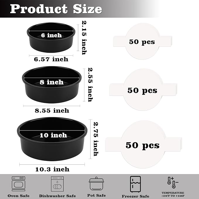 HUAKENER 3 Pack Round Cake Pans, Carbon Steel Pan with Parchment Paper | 6" 8" 10 Inch Circle Cake Pan with 150 Pieces Parchment Paper, Non-stick Cake Baking Pans, Dishwasher Safe - Image 3