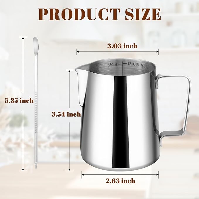 Amrules Milk Frothing Pitcher, 12oz Milk Frother Cup with Clear Scale, 304 Stainless Steel Cappuccino Espresso Machine Accessories for Barista Coffee Bar with Latte Art Pen, Silver - Image 2