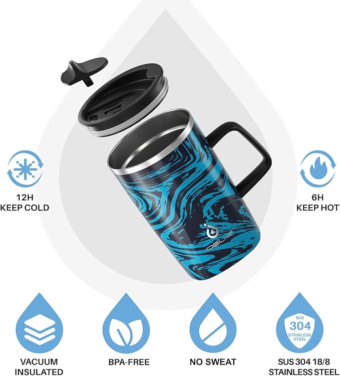 Ideus 16 oz Insulated Stainless Steel Coffee Mug with Lid, Blue Zebra | Perfect for home, office, or daily use| Easy to clean wide mouth| Sweat-proof| On the go - Image 2