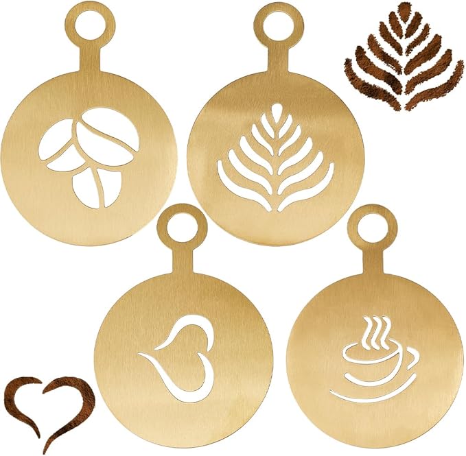 GORGECRAFT 4Pcs Coffee Cup Stencil Template Coffee Decorating Stencils Golden Coffee Latte Art Flat Round with Leaf Heart Cup Pattern Cappuccino Art Templates for Cup Cake Birthday Cake Coffee