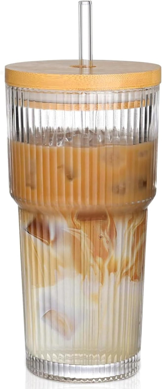 20oz Glass Cups with Lids and Straws,1PCS Ribbed Glass Coffee Cups,Iced Coffee Cups with Lid,Vintage Bamboo Tumbler for Juice,Smoothies