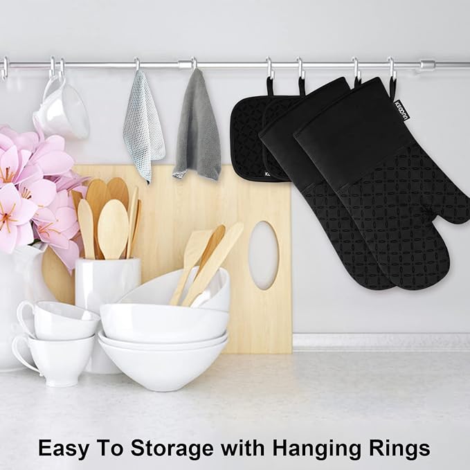 KEGOUU Oven Mitts and Pot Holders 6pcs Set, Kitchen Oven Glove High Heat Resistant 500 Degree Extra Long Oven Mitts and Potholder with Non-Slip Silicone Surface for Cooking (Black) - Image 4