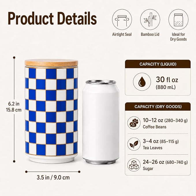 Kitchen Countertop Ceramic Checkered Canisters,Black And White Food Storage Containers With Lid,Airtight Kitchen Canisters for Flour, Sugar, Coffee, Tea, and Dry Goods (Blue, Large) - Image 2