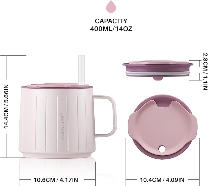 Ideus 14 oz Insulated Coffee Mug with Handle and Lid, Double Wall Stainless Steel Vacuum Thermal Coffee Mug, Travel Coffee Cup for Home and Office, Light Pink - Image 5