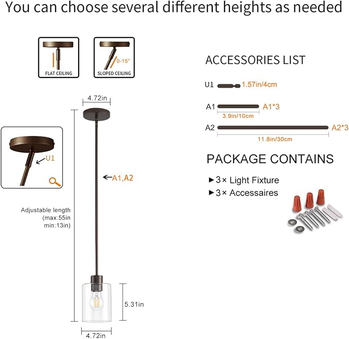 Oil Rubbed Bronze Pendant Lights Kitchen Island - Clear Glass Pendant Light Fixture Multiple Stems Rods 3 Units 12 Inch 3 Units 4 Inch (3 Pack Oil Rubbed Bronze Downrod) - Image 4