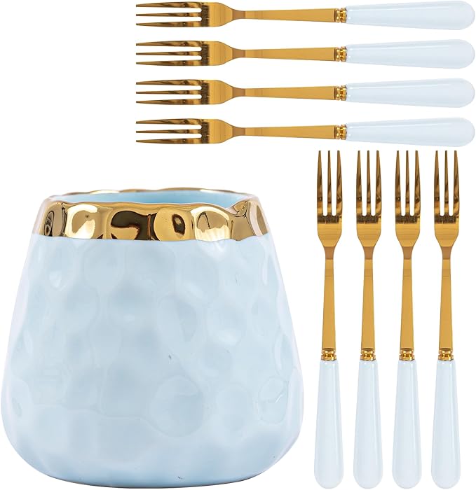 Dessert Fork Set,Ceramic Jar with 8 Small Forks for Fruit,Salad,Appetizer,Cake,Flatware Set (Light Blue jar+8 forks)