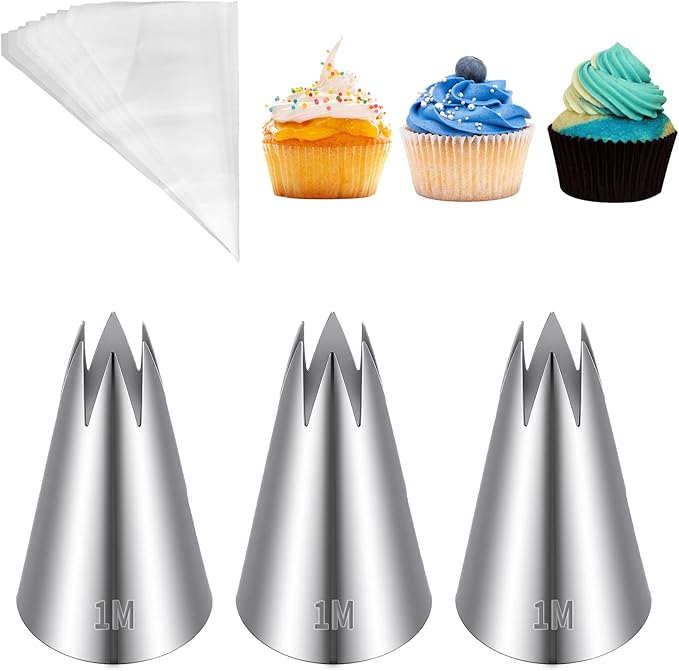 3Pcs 1M Piping Tips Set with 10 Piping Bags, Stainless Steel 1M Star Tips Frosting Tip Boquillas Para Reposteria,Seamless Icing Tip for Cake Decorating Baking DIY