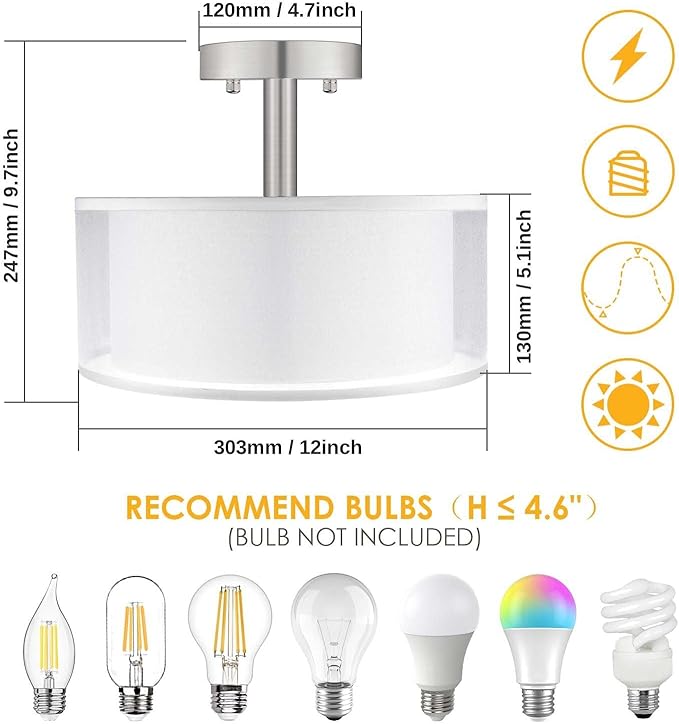 FOLKSMATE 3-Light Semi Flush Mount Ceiling Light Fixture, Drum Light with Double Fabric Shade, Modern Close to Ceiling Lamps for Dining Room Kitchen - Image 2