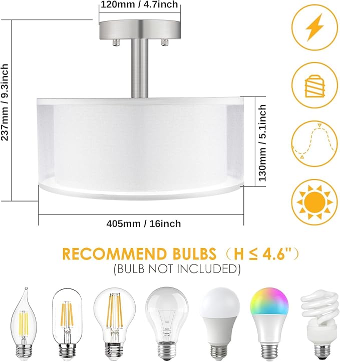 FOLKSMATE 3-Light Semi Flush Mount Ceiling Light Fixture, 16 Inch Drum Light with Double Fabric Shade, Modern Close to Ceiling Lamps for Dining Room Kitchen - Image 2
