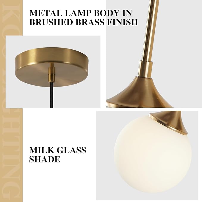 KCO Lighting Modern Brushed Gold 7.1” White Milk Glass Globe Pendant Light | E26 Base, Sloped Ceiling, Small 1-Light Adjustable Hanging Ceiling Lamp for Kitchen Island Sink Dining Table Bedroom Bar - Image 3