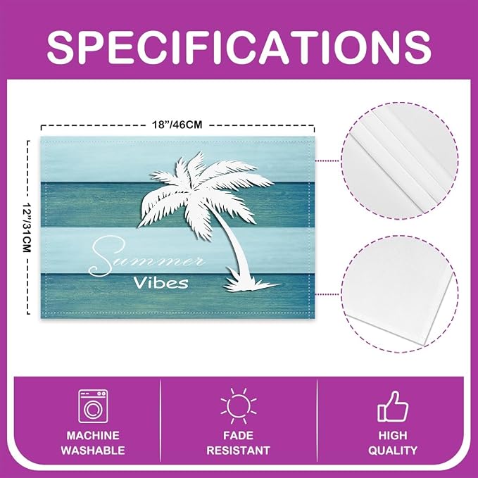 Feelyou Ocean Placemats Set of 4 12"x18" Beach Theme Table Mats Placemat Room Decor Tropical Leaves Placemats for Dining Table Indoor Outdoor Kitchen Blue Green Decor Table Place Mats Leaf Pattern - Image 4