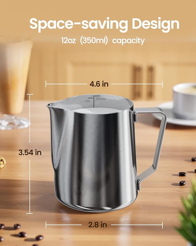 Maestri House Milk Frothing Pitcher, 12oz Espresso Steaming Pitcher Milk Frother Cup, Milk Coffee Cappuccino Latte Art, 304 Stainless Steel Jug Cup with Decorating Art Pen