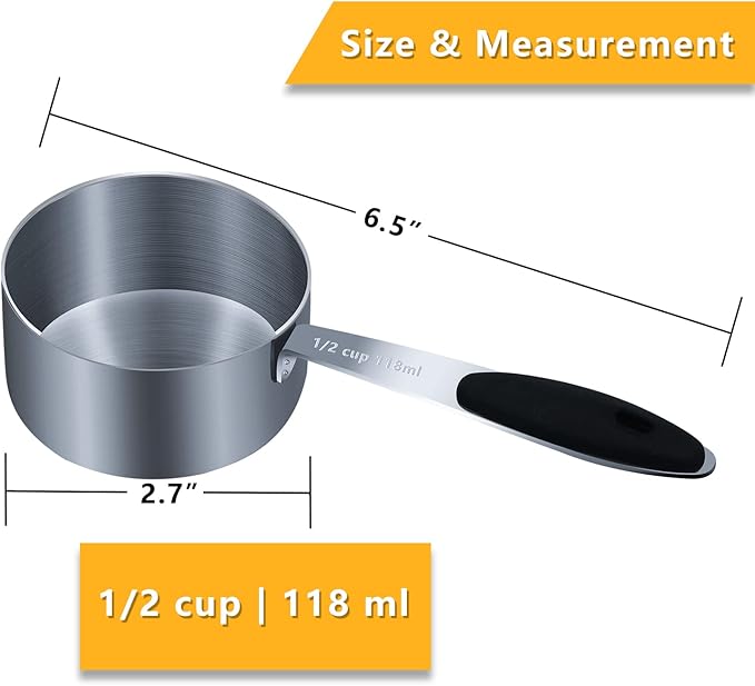 1PCS 1/2Cup (118ml, 4oz) Single Measuring Cup with Black Silicone Grip, Stainless Steel Individual Measure Scoop Only