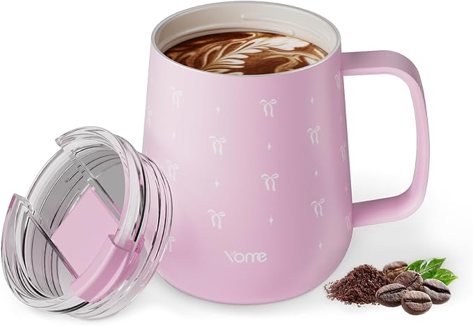 YOME 10oz Elegant Bow Pink Insulated Coffee Mug with Handle for Women | Ceramic Lined Coffee Mug with Splash-Resistant Lid| Pure Taste Stainless Steel Coffee Cup | Easy to Clean | Keeps Drinks Cold by KEEPCOOLSTAYYOU
