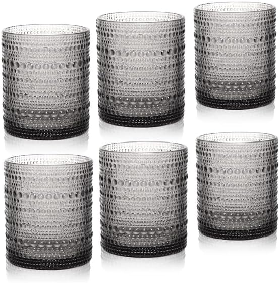 Cocktail Glasses 10 oz Hobnail Drinking Glasses Set of 6, Vintage Glassware, Textured Glass Cups Bubble Glasses Water Glasses Old Fashion Jupiter Glasses Set, Grey by JPPSUJJ