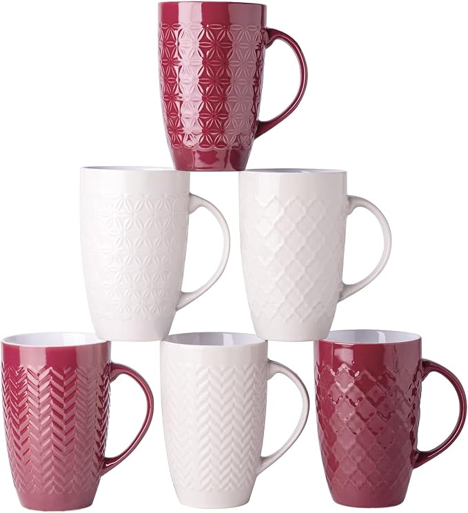 AmorArc Large Coffee Mugs Set of 6, 20oz Ceramic Tall Coffee Mugs Set with Textured Geometric Patterns for Coffee/Tea/Beer/Hot Cocoa, Dishwasher & Microwave Safe, Beige&Burgundy by AmorArc