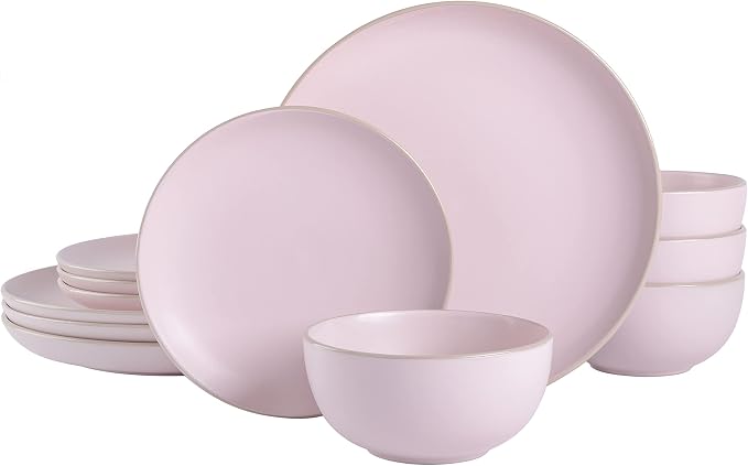Gibson Home Rockaway 12-Piece Round Stoneware Dinnerware Set, Service for 4 – Pink Plates and Bowls, Modern Matte Finish, Microwave & Dishwasher Safe by GibsonHomewares