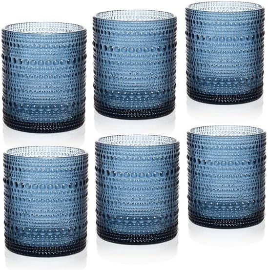 Cocktail Glasses 10 oz Hobnail Drinking Glasses Set of 6, Vintage Glassware, Textured Glass Cups Bubble Glasses Water Glasses Old Fashion Jupiter Glasses Set, Blue by JPPSUJJ