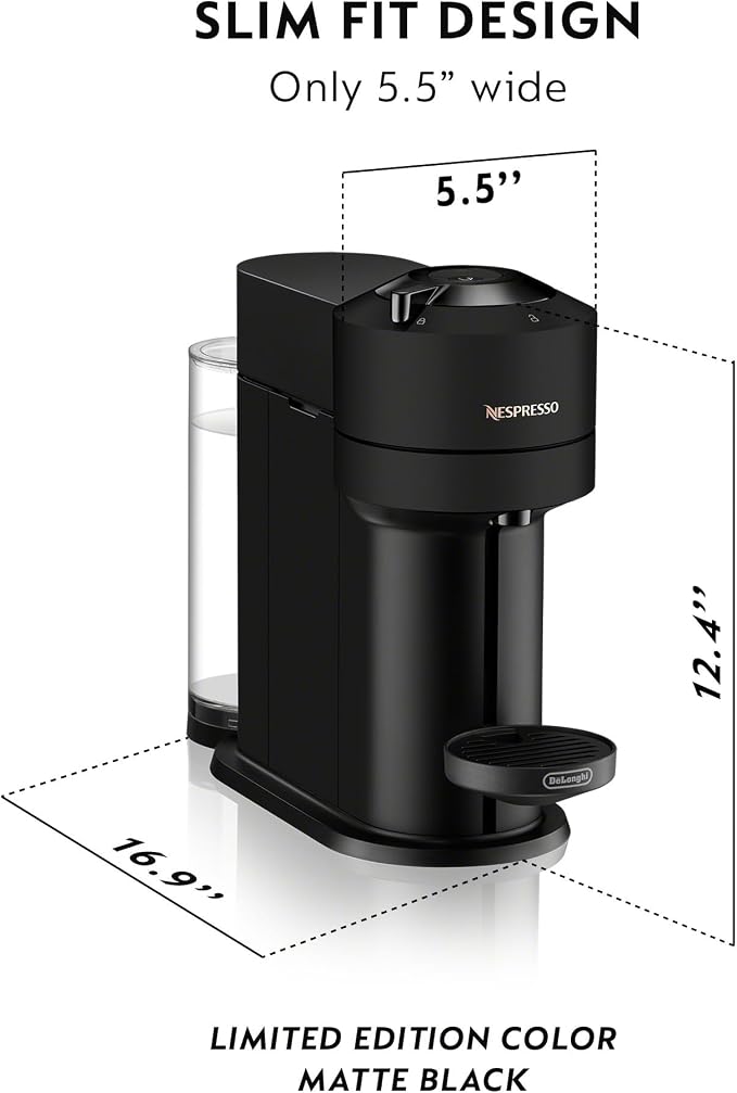 Nespresso Vertuo Next Coffee & Espresso Maker by De'Longhi, Black | Matte black coffee machine with slim, sustainable design. Brews 6 cup sizes, espresso to 18 oz., topped with crema. - Image 2