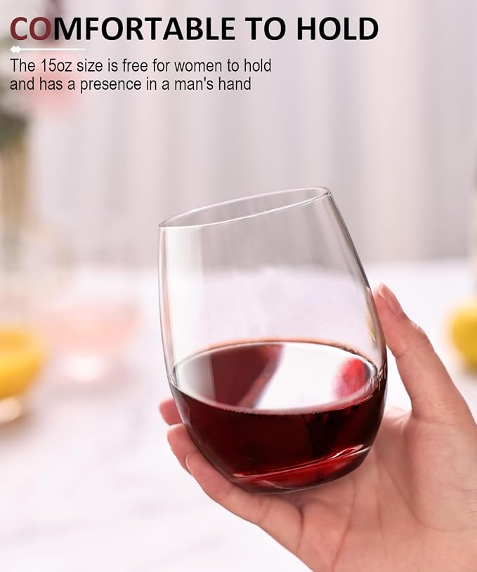 OJA Wine Glasses Set, Crystal Stemless Red Wine Glass, Set of 12, 15 oz | No Stem, Clear, Sturdy Drinking Glass for White Wine, Daily Use, Birthday, Wedding, Home Party, Anniversary, Shower Gift - Image 3