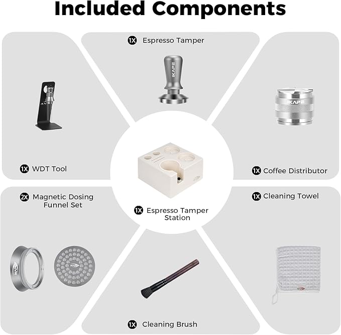 IKAPE 51MM Espresso Tamper Kit Silver 8 IN 1, Coffee Tamper Set comprising a Tamper, Distributor, Magnetic Dosing Funnel, Puck Screen, Station, WDT Tool, along with a Cleaning Towel and Brush