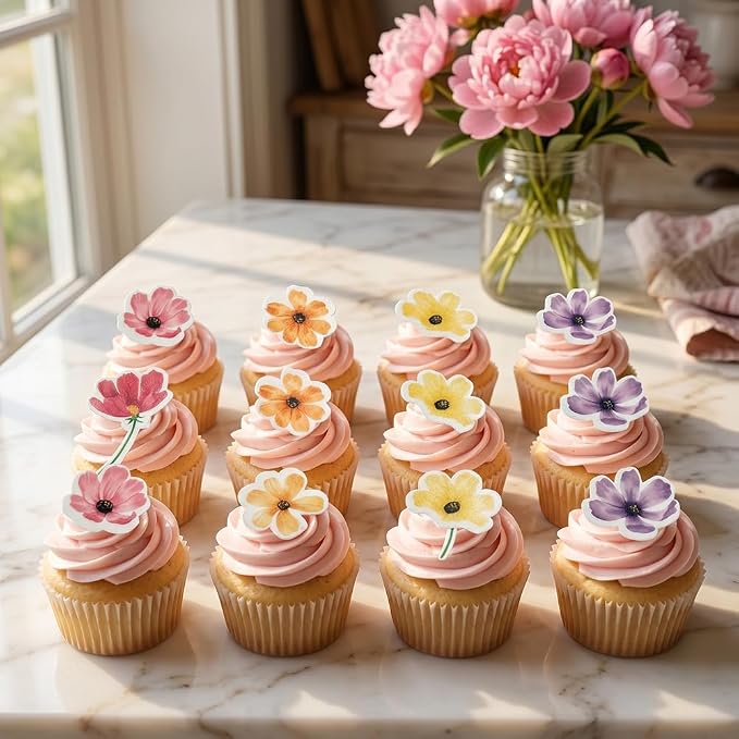 52-Piece Edible Multicolor Chamomile Daisy Cake Decorations – Assorted Colors, Flower Cupcake Toppers, Icing Decor for Birthday Parties, Baby Showers, Cookies, and Desserts - Image 3