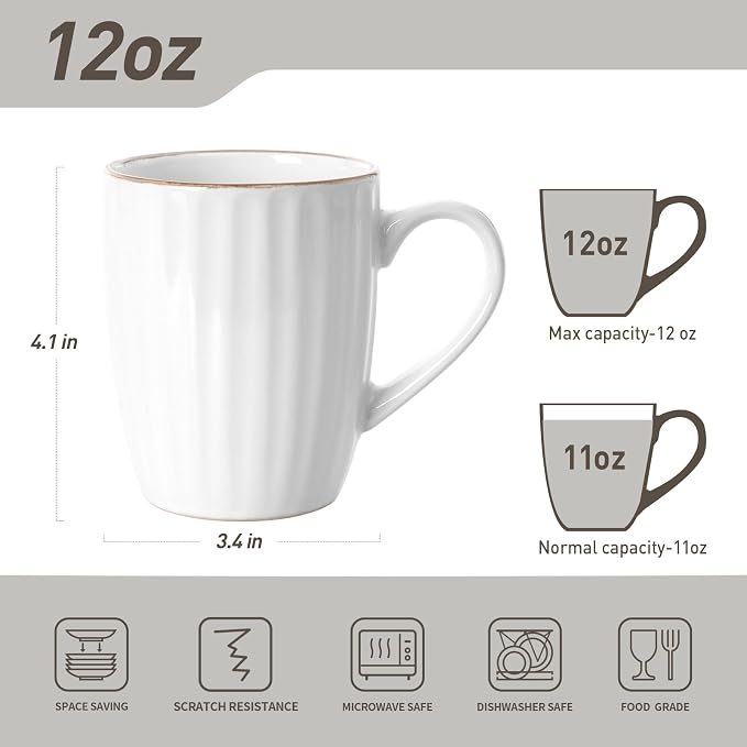 famiware Coffee Mugs Sets for 6, 12 oz Mug Set, Coffee Cups with Handle for Coffee, Tea, Cocoa and Milk, Microwave and Dishwasher Safe, White Stripe - Image 3