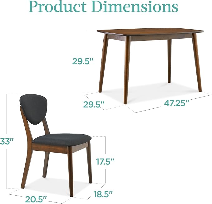 Best Choice Products 5-Piece Dining Set, Compact Mid-Century Modern Table & Chair Set for Home, Apartment w/ 4 Chairs, Padded Seats & Backrests, Wooden Frame - Walnut/Charcoal - Image 7