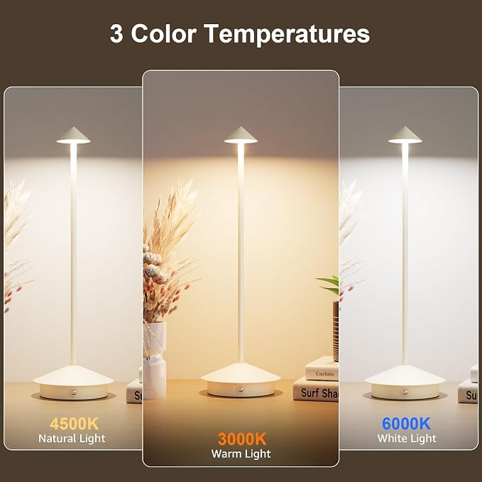 Cordless LED Table Lamps,Portable Battery Desk Lamp,2 Pack,Beige | 6000mAh Rechargeable,3000K/4500K/6000K Touch Stepless Dimming,Aluminum IP54 Waterproof Wireless Lighting for Outdoor/Indoor - Image 2
