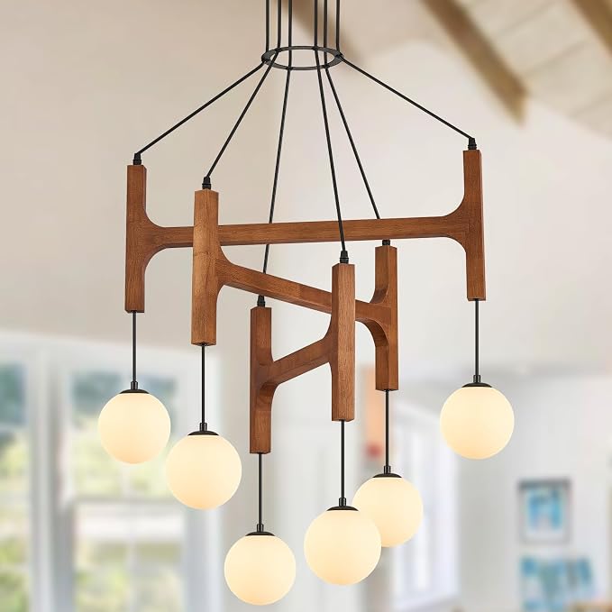 Farmhouse L28 '' Wooden Chandeliers with Milk Glass Globes Lampshades, Rustic Unique Mid Century Long 6-Light Pendant Chandelier for Living Dining Room Entryway Bedroom Kitchen,G9,Wood Stained Walnut by PoemoonLighting